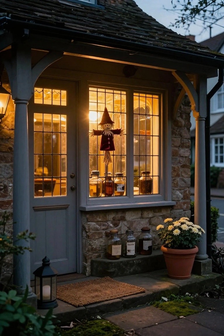 Stone house exterior with three leaded windows hung with wreaths of dried grasses and feathers topped by white skulls, black curtains inside, and glowing carved pumpkins visible through the glass, ivy on the wall and plants at base.