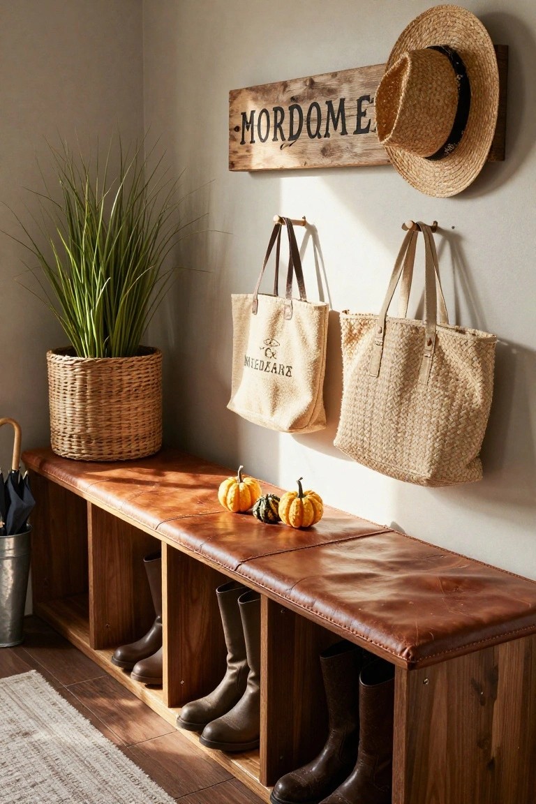 Wooden entryway bench with leather cushion and cubbies holding boots, small pumpkins on the seat, hanging straw bags and hat nearby, potted grass plant, and umbrella stand in the corner.