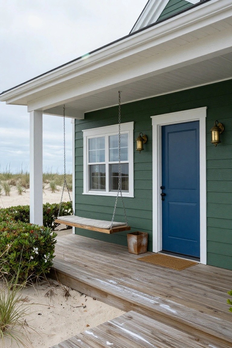 Green clapboard-sided house with blue front door, white-trimmed window, hanging porch swing, lanterns, potted plant, doormat on wooden deck near sand dunes and beach grass.