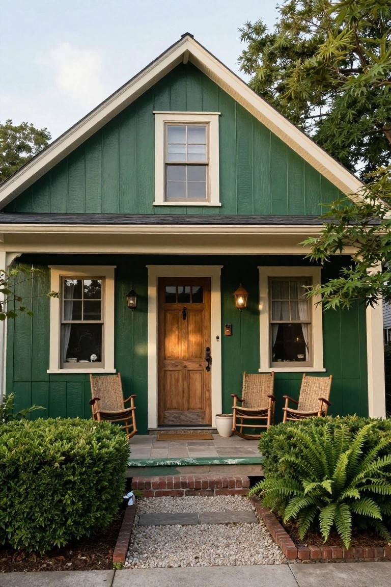 Small gable-roofed house painted dark green with board-and-batten siding, white trim around double-hung windows and wooden front door, covered porch with two wicker rocking chairs, boxwood shrubs and ferns bordering brick walkway.