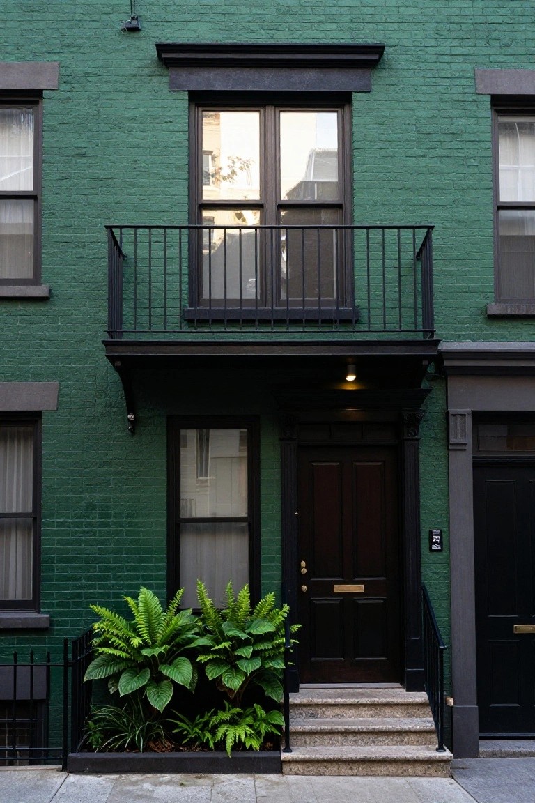 Narrow green brick townhouse facade with black window frames, metal balcony railing, dark wood front door, brass knocker, planter of ferns at granite entry steps, flanked by black doors on adjacent buildings.