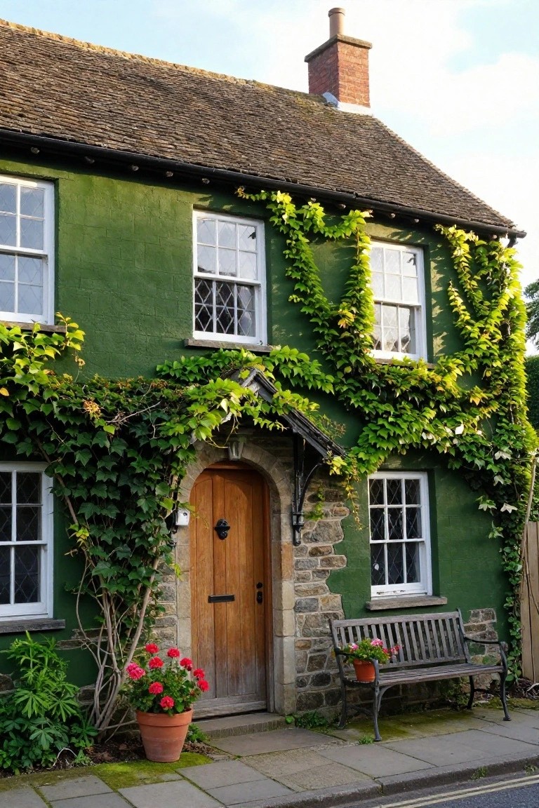 Two-story green cottage with ivy climbing the walls, arched wooden front door, stone porch details, potted red geraniums, wooden bench, and paved path.
