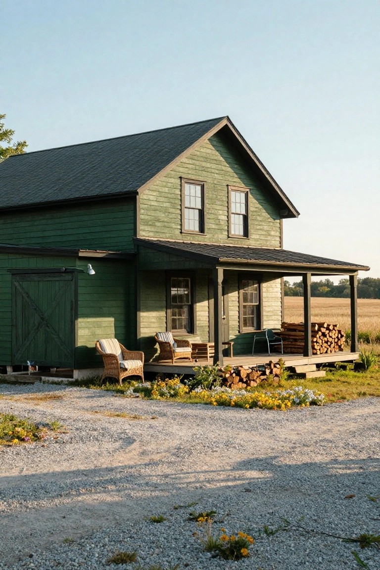 Dark green painted gabled house with black roof, green barn door, covered porch with wicker chairs and wood stacks, gravel driveway, flowers, and field in background.