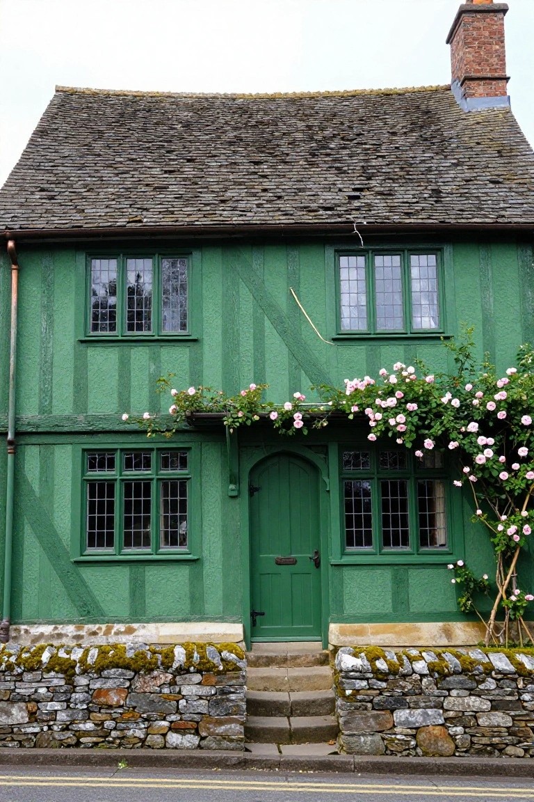Two-story green half-timbered house with vertical dark timbers, leaded glass windows, pink climbing roses on the facade, green front door, stone base wall with moss, and steps up from the road.