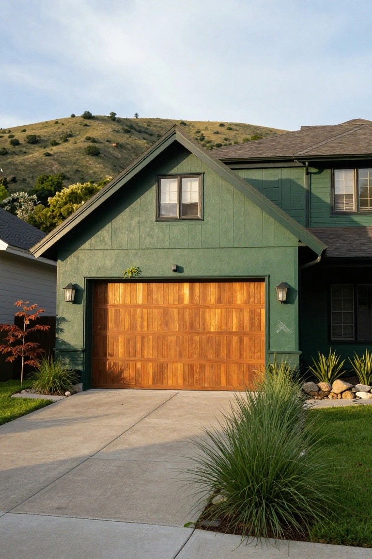 Dark green sided house with wooden garage door, driveway, landscaping plants and rocks, and neighboring homes against a hillside in evening light.