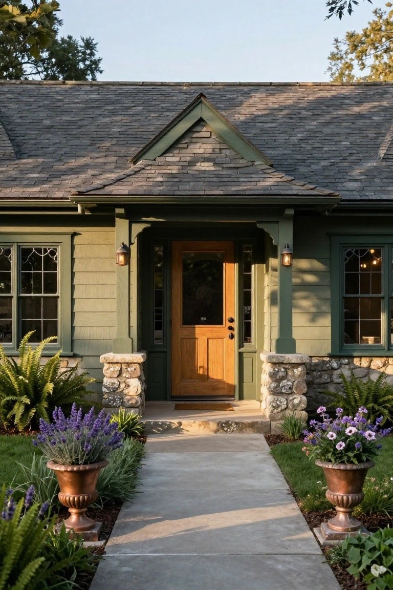 Front view of a dark green Craftsman-style bungalow house with gray shingle roof, wooden entry door, green-trimmed windows, stone pillars, potted lavender plants along a concrete walkway, and surrounding ferns and flowers.