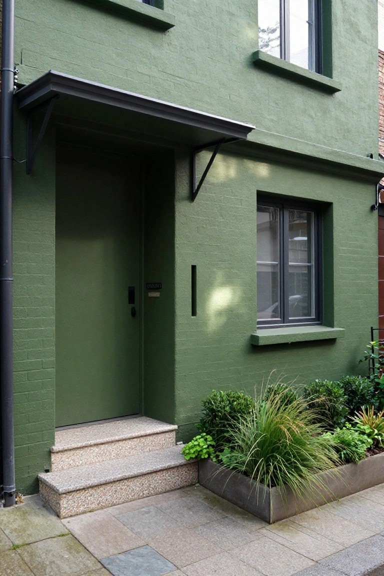 Green-painted brick house exterior with matching green front door, black frame window, granite steps, metal planter box containing grasses and plants, and paved walkway.