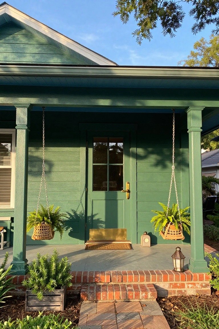 Front exterior of a dark green painted clapboard house with a covered porch, green door with brass knocker, hanging basket ferns, lanterns, brick steps, and low plantings.