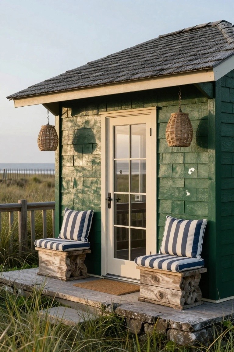 Small green shingled building with cedar shake roof and glass door on a wooden deck, flanked by two benches with blue-and-white striped cushions and hanging wicker lanterns, near beach dunes and fence.