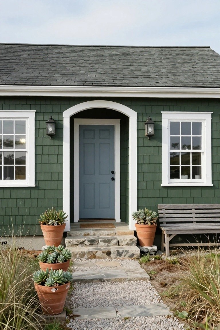 Front view of a small house with dark green shingle siding, white window trim, a blue front door, lanterns on each side, potted succulents, a wooden bench, and a stone step path leading to gravel.