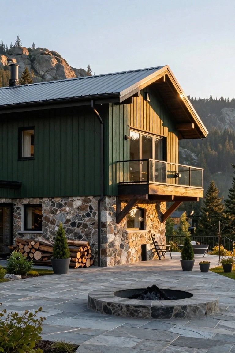 Two-story chalet house with dark green vertical wood siding, gray stone foundation, metal roof, glass balcony, stack of firewood, and stone patio with fire pit in a forested mountain area.