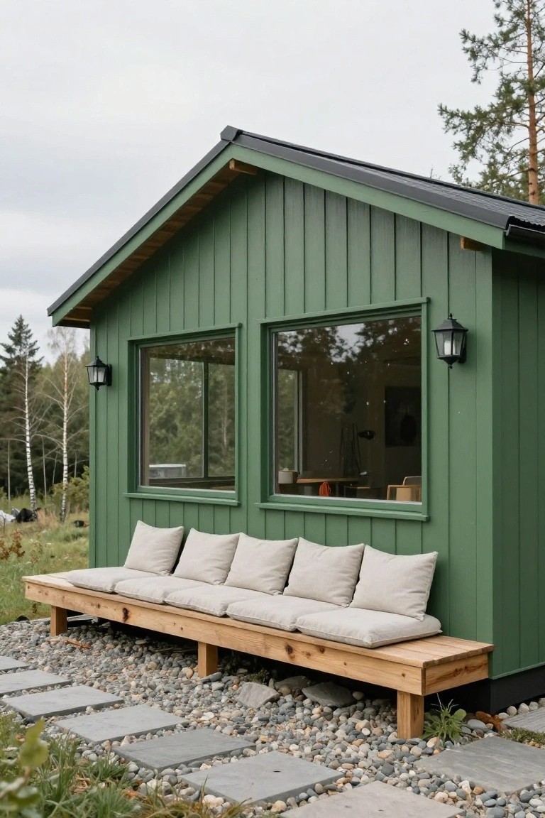 Side view of a dark green vertical board and batten wooden cabin with large double-pane windows, wall-mounted lanterns, a long wooden bench with beige cushions along the base, stone stepping path, gravel ground cover, and pine trees in the background.