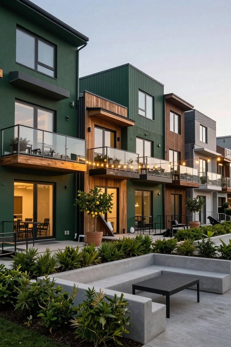 Modern townhomes with dark green siding, wooden balcony features, glass railings, potted plants, and a concrete L-shaped bench surrounded by low greenery.