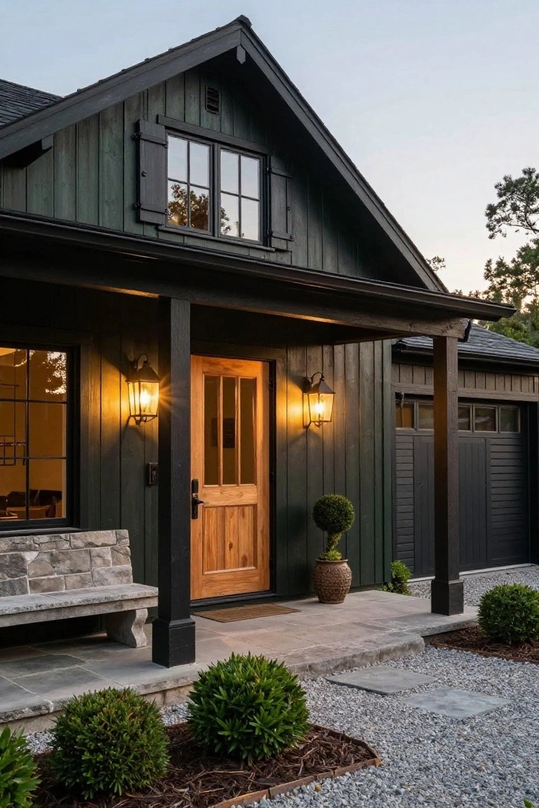 Front view of a dark green board-and-batten house with black trim, wooden front door, covered porch, lanterns, stone bench, boxwood shrubs, and attached garage.
