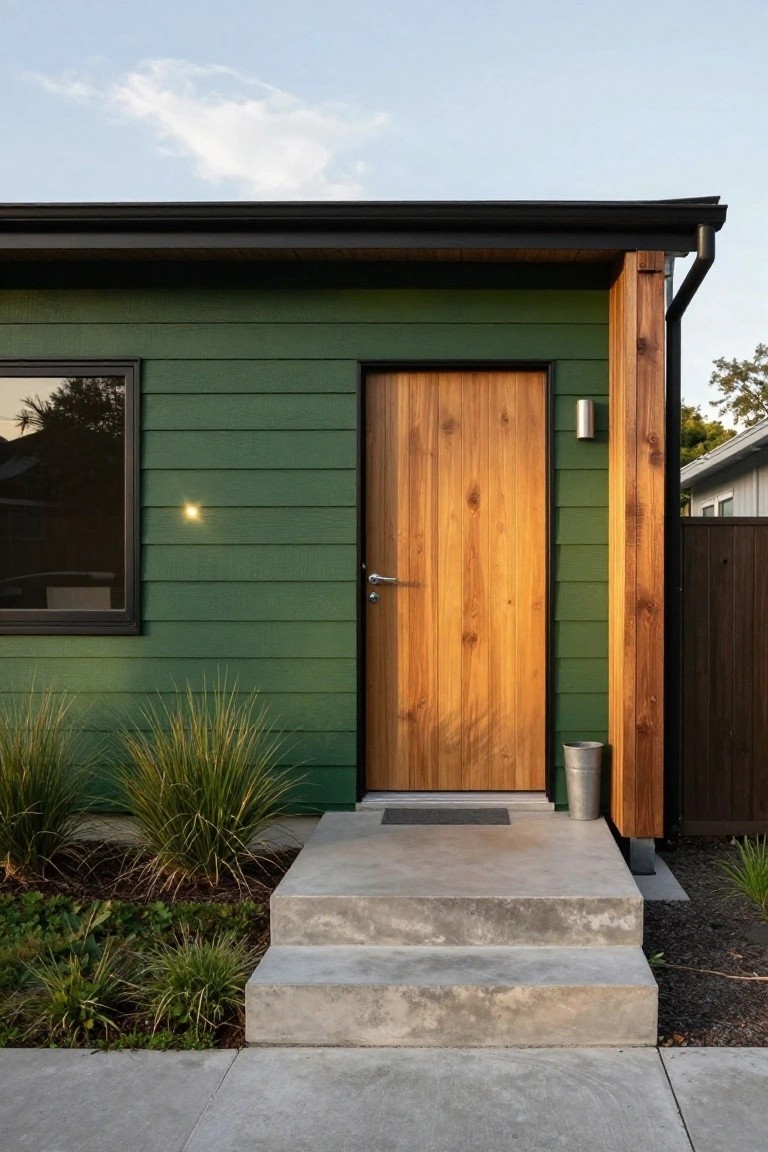 Side exterior of a house with dark green horizontal siding, natural wood entry door, black-framed window, metal wall light, concrete steps, and grasses in front.