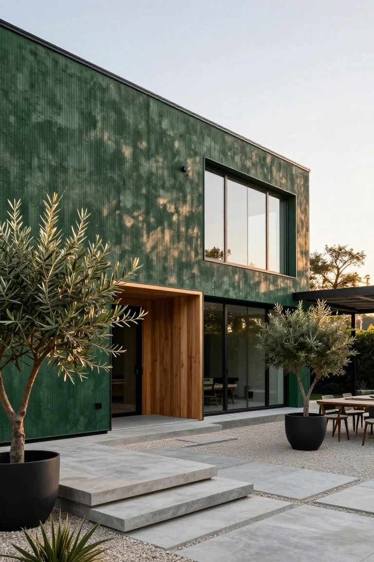 Modern house exterior featuring dark green textured walls, large glass windows and doors, wooden entry frame, concrete steps, potted olive trees, outdoor dining table with chairs, and gravel patio at dusk.
