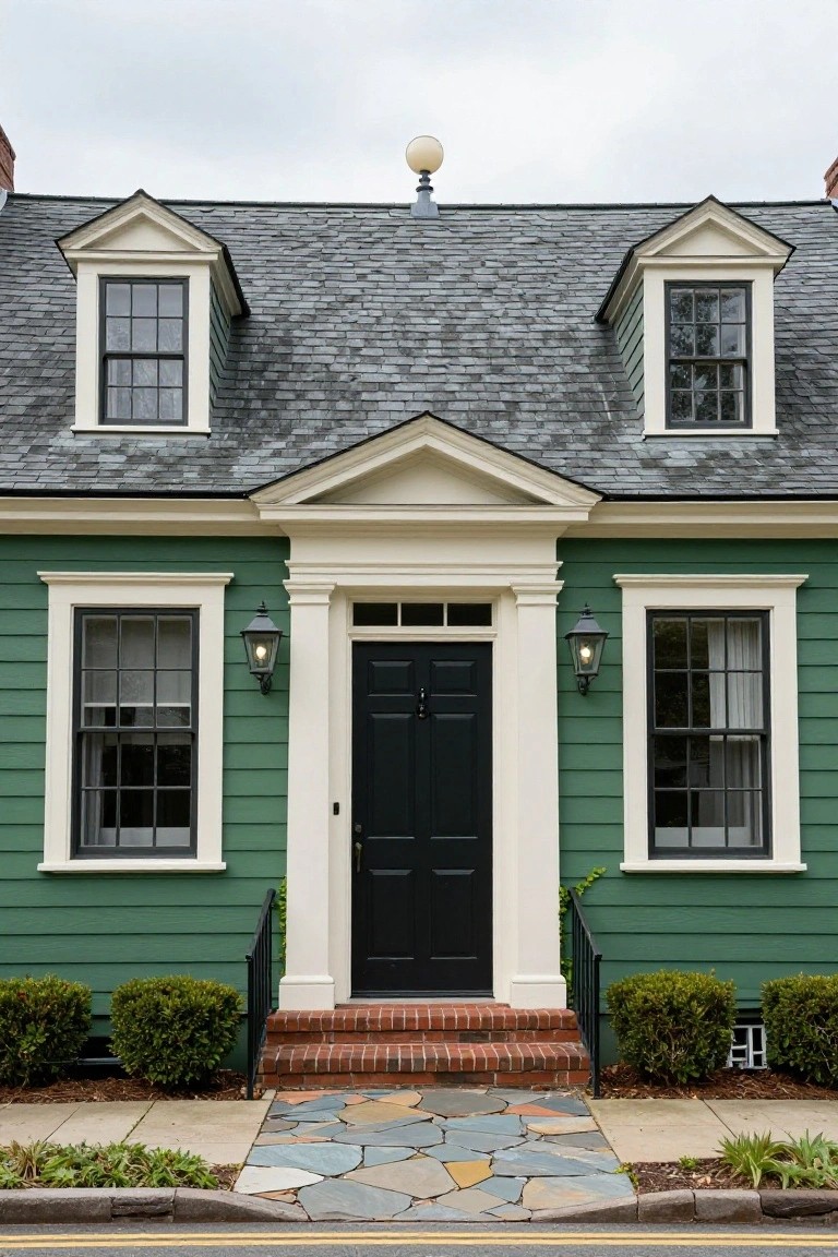 Front view of a two-story dark green clapboard house with dormer windows, white trim, black front door, lanterns, brick steps, low shrubs, and a stone pathway.