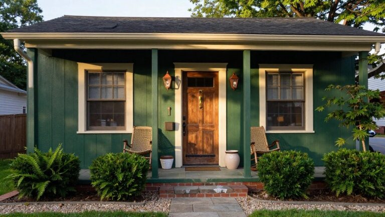 Small gable-roofed house painted dark green with board-and-batten siding, white trim around double-hung windows and wooden front door, covered porch with two wicker rocking chairs, boxwood shrubs and ferns bordering brick walkway.