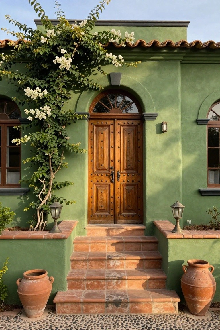 Front facade of a sage green stucco house with arched windows, double wooden doors, climbing white bougainvillea vines, terracotta steps, lantern lights, and large terracotta pots on either side.