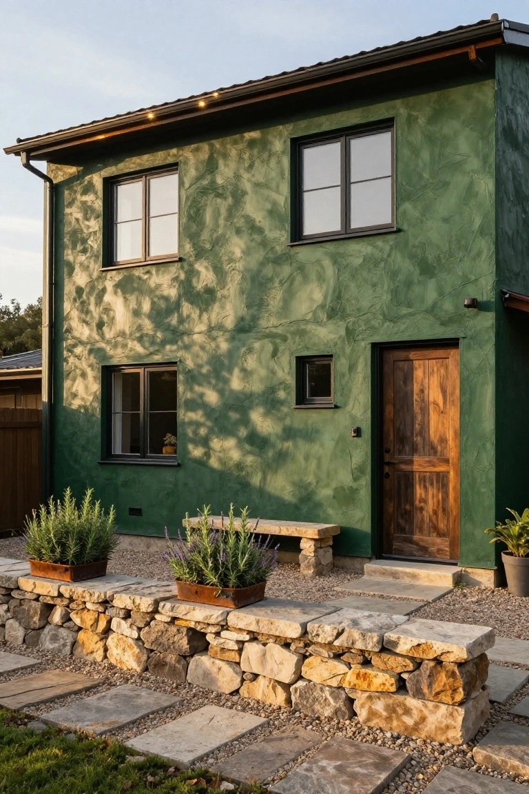 Two-story house with dark green textured stucco exterior walls, black-framed windows, wooden front door, stone retaining wall topped with potted rosemary and lavender plants, gravel path, and stone pavers leading to the entry.