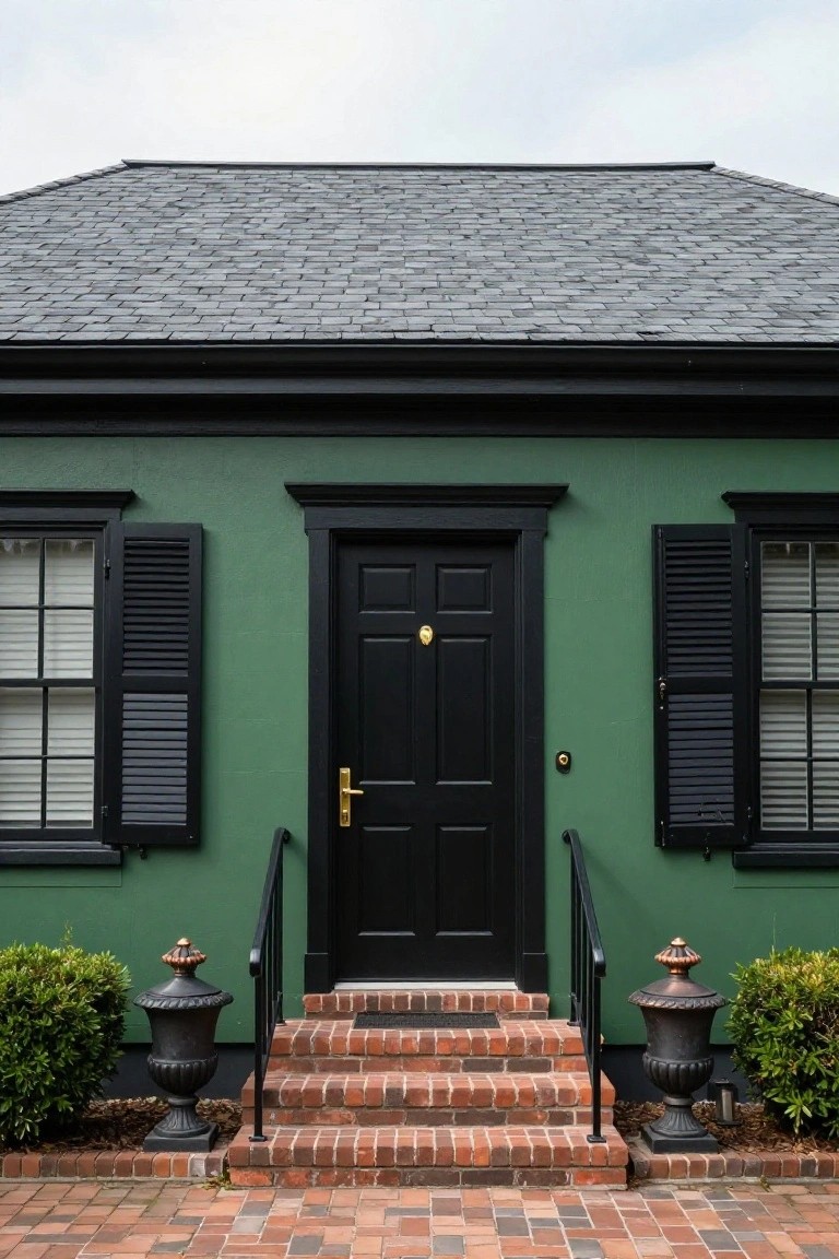 Front exterior of a small dark green house with black front door featuring gold knocker and handle, black shutters on multi-pane windows, black trim details, brick steps with black iron railings flanked by large black urns holding plants, and brick paver walkway.
