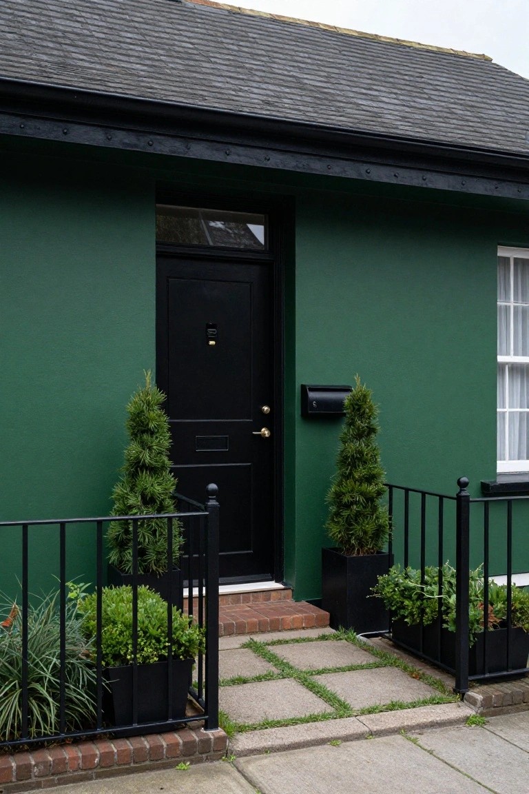 Dark green painted house exterior featuring a black front door with gold hardware, symmetrical potted conifer trees in black containers, black metal railing, brick base, and stone path with moss.
