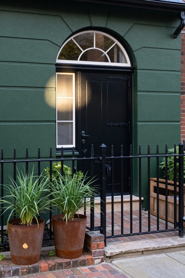 Dark green stucco house exterior featuring a black front door under an arched fanlight window, flanked by black wrought iron fencing and gate with potted grasses in rusted metal containers.