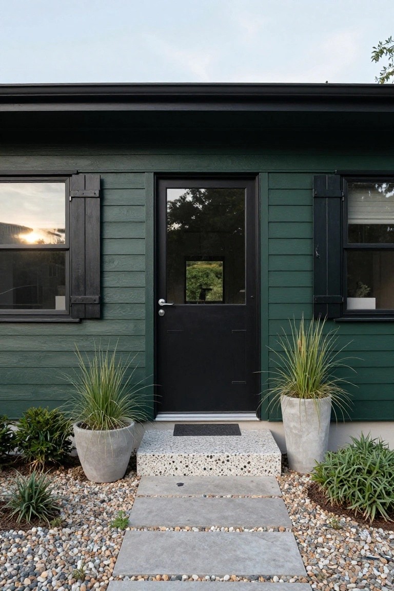Front facade of a dark green clapboard house with black shutters on windows, black front door, tall potted grasses in concrete pots beside concrete steps, and a path of pavers through pebbles.