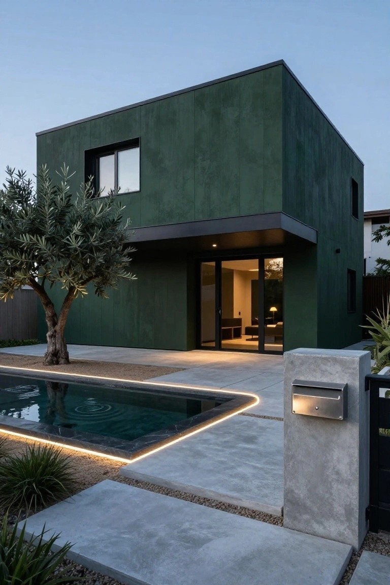 Boxy modern house with dark green siding and black trim on windows and entry, olive tree beside it, small pool with lighting, concrete path and mailbox at dusk.