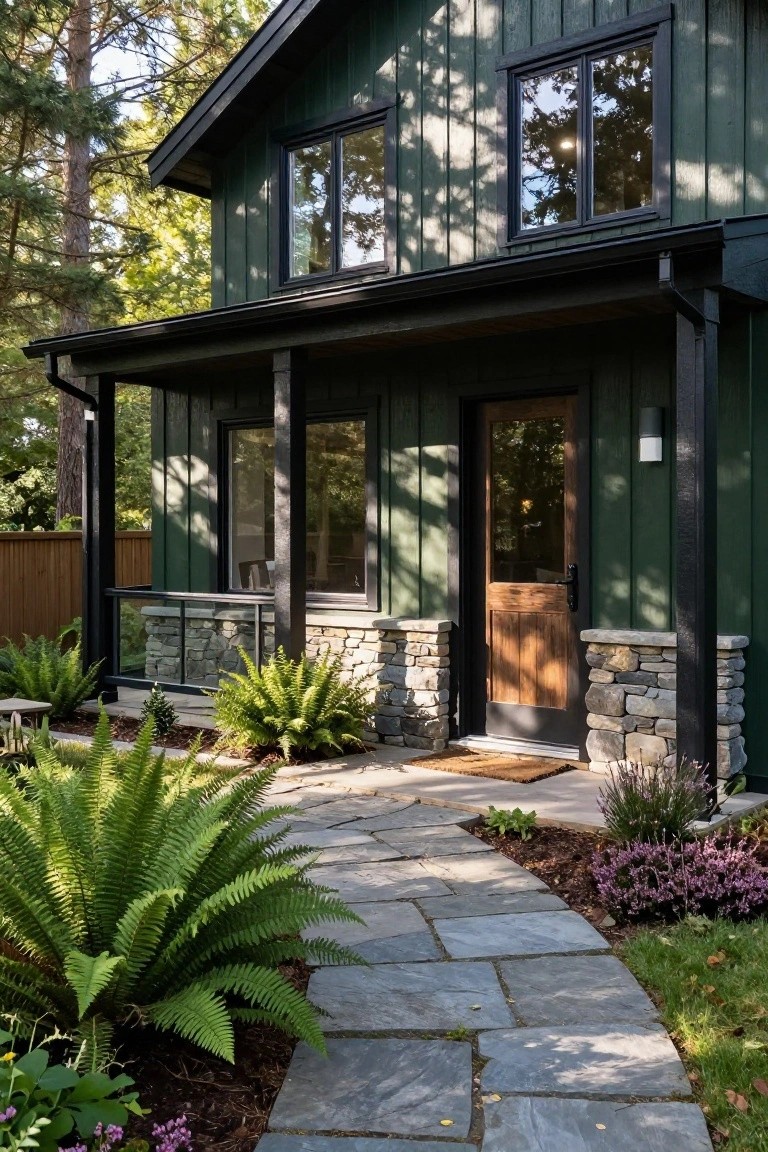 Dark green house exterior with black window frames, covered front porch supported by black metal posts and railing, wooden front door, stone pillar bases, and slate pathway through ferns and plants.