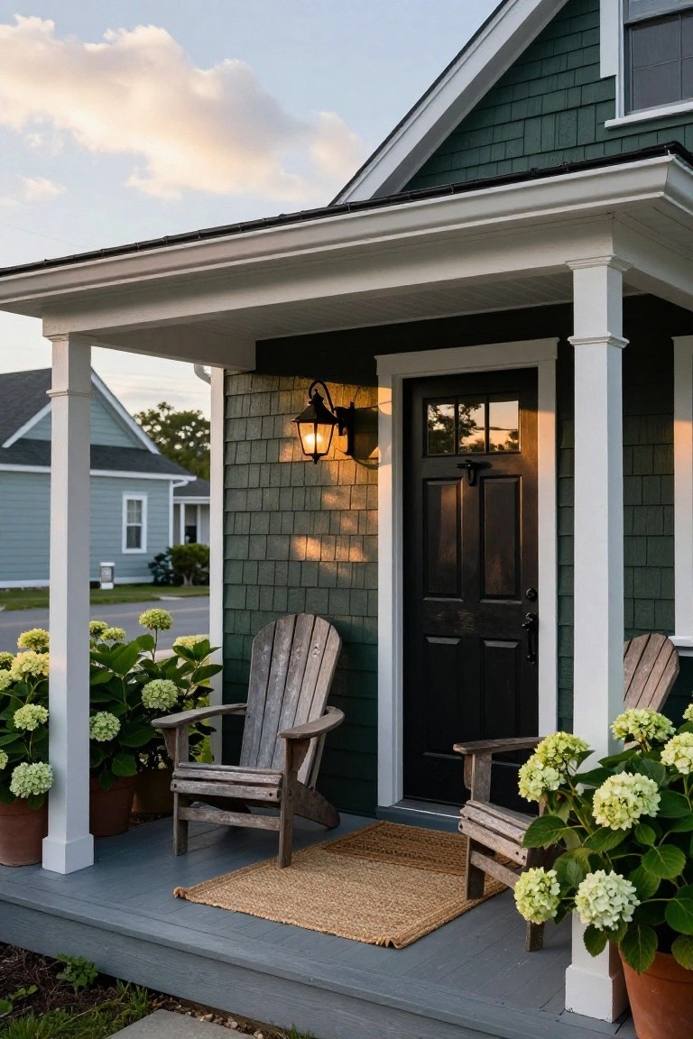 Front porch of dark green shingle house with white columns, black paneled door, wall lantern, two angled Adirondack chairs, potted white hydrangeas, jute rug, and adjacent blue house in background.