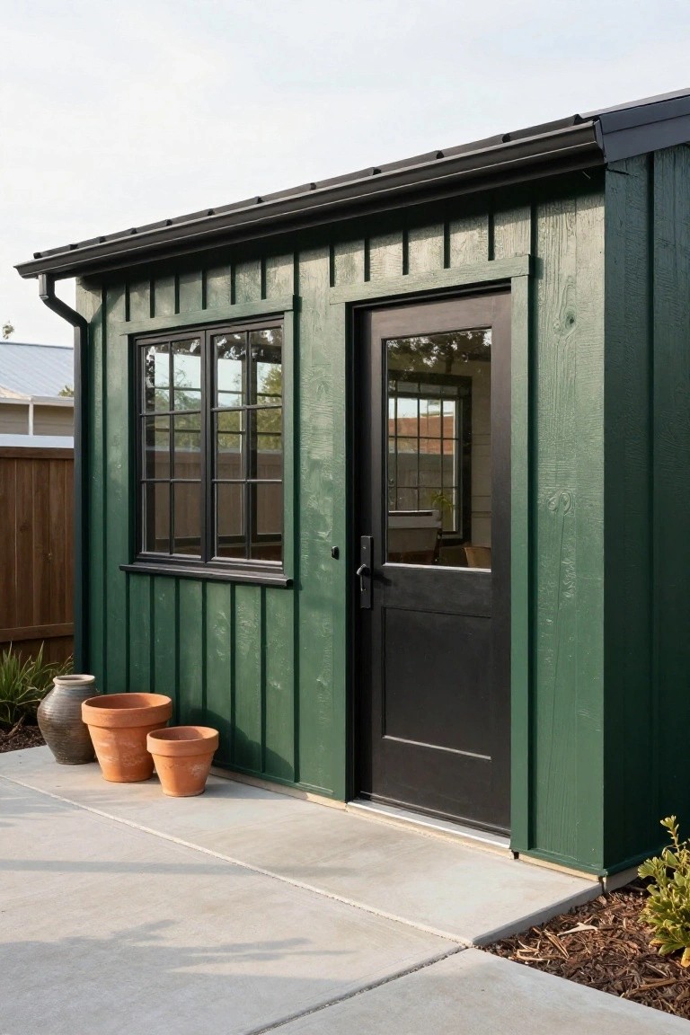 Small dark green board-and-batten shed with black-framed window and black door on concrete patio, two terracotta pots nearby, wooden fence and plants in background.