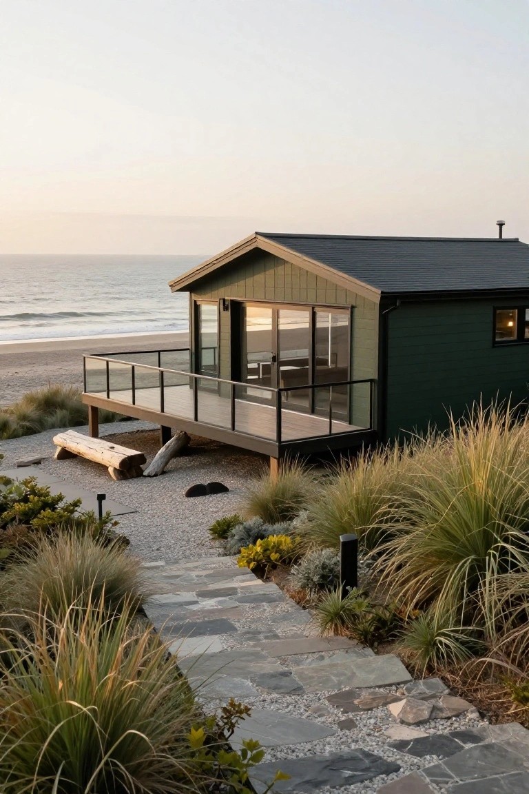 Dark green board-and-batten house with black roof and trim on an elevated wooden deck with glass railings overlooking ocean waves and beach, surrounded by grasses and a stone path.