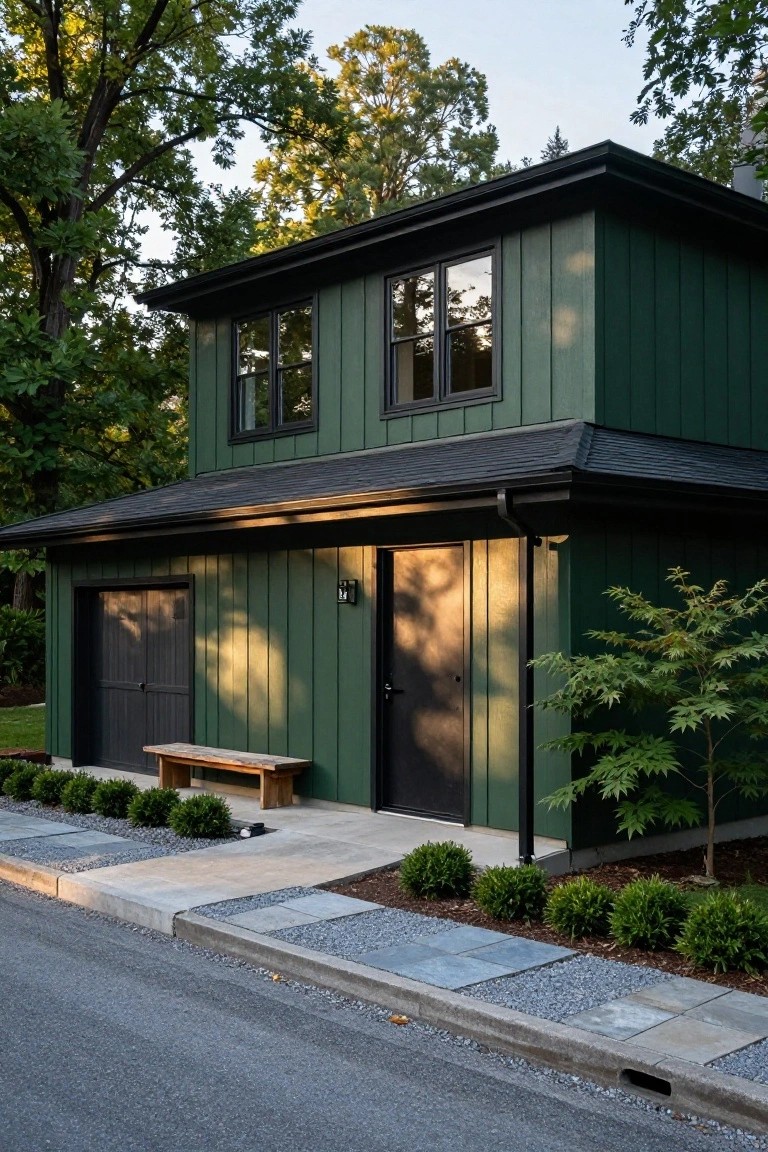 A two-story dark green board-and-batten house with black trim on windows, doors, garage door, and roof, a wooden bench near the garage, shrubs and trees in the yard, and a concrete sidewalk along the street.