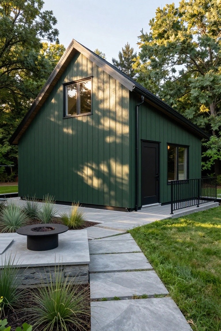 Dark green board-and-batten house with black trim, gabled black roof, large upper window, side entry door and window, small metal-railed deck, paver pathway, stone fire pit, ornamental grasses, and surrounding trees on a lawn.