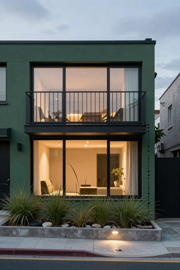 Front exterior of a two-story dark green house with large black-framed windows on both levels, a second-floor balcony with black railing and overhang, front planting bed of grasses and rocks, and sidewalk curb.