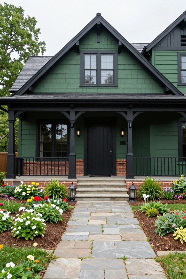 Front exterior of a dark green shingle-sided house with black trim on windows, porch columns, and arched door, brick railing accents, slate stone pathway, lanterns, and colorful flower beds along the edges.