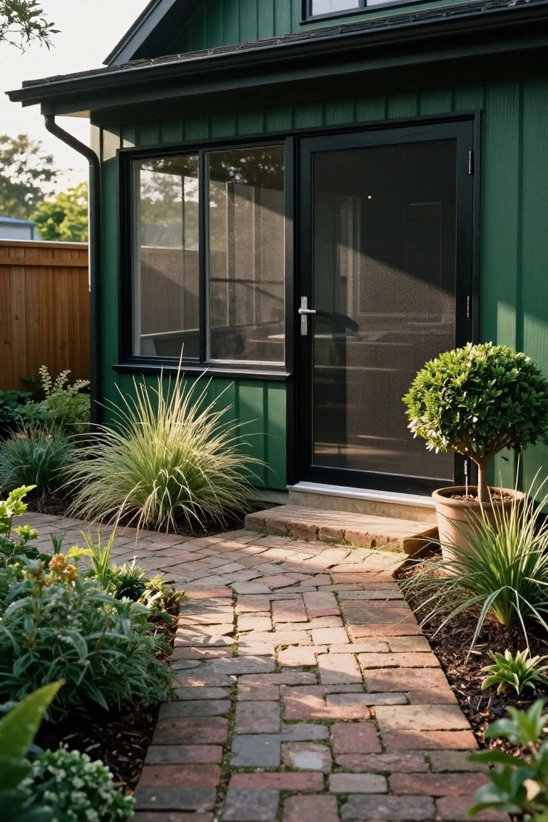 Dark green vertical board-and-batten siding on a small building with a black-framed glass sliding door and matching screen door, approached by a brick pathway lined with grasses and shrubs.