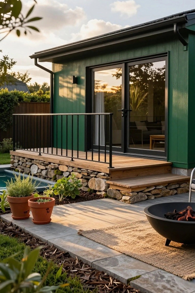 Exterior side of a dark green paneled house with black-framed sliding glass doors, wooden deck and steps with black railings over a stone retaining wall, potted plants, fire pit, and small pool in the yard at sunset.