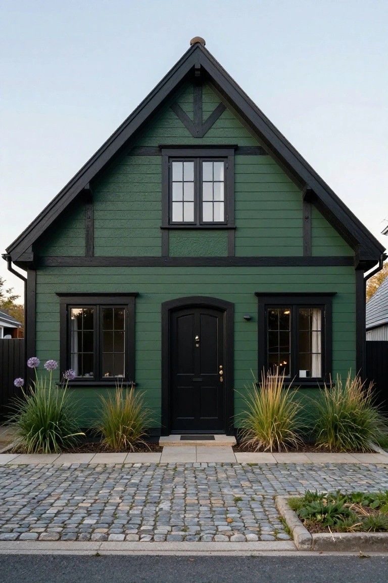 Front exterior of a gabled dark green house with black timber framing, black-framed windows, arched black front door, ornamental grasses and alliums flanking the entry, and a cobblestone driveway.