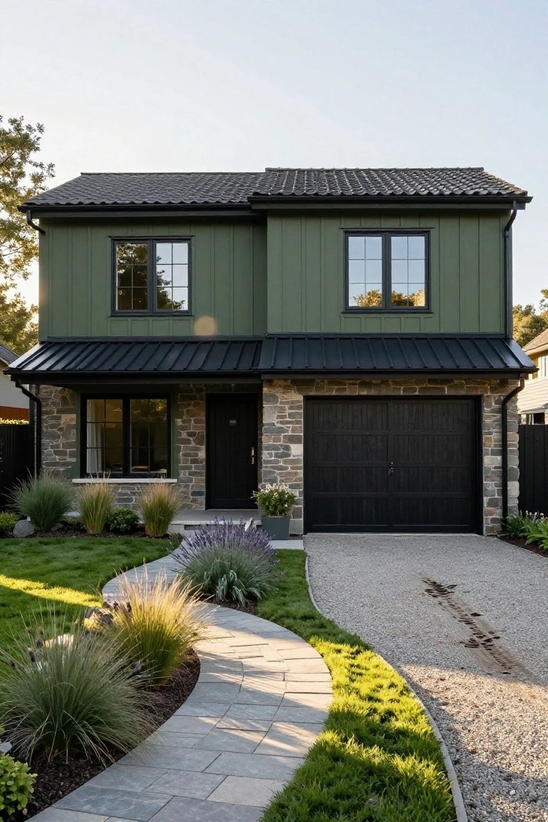Front view of a two-story house with dark green vertical siding, black-framed windows, black metal awning over a stone entryway and garage with black doors, curved paver walkway, ornamental grasses, and gravel driveway.