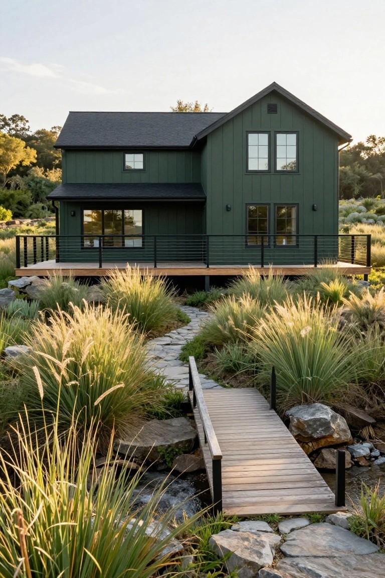 Two-story dark green clapboard house with black window frames, railings, and trim, elevated on a wooden deck above a landscape of tall grasses, rocks, and a wooden bridge path.
