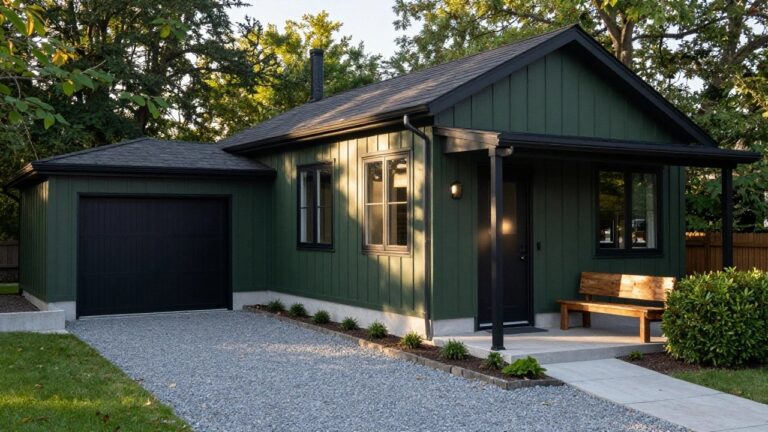A two-story dark green board-and-batten house with black trim on windows, doors, garage door, and roof, a wooden bench near the garage, shrubs and trees in the yard, and a concrete sidewalk along the street.