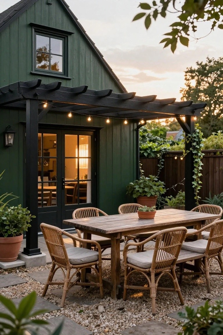 Dark green wooden house with black trim and doors, featuring a black pergola-covered patio area with wooden dining table, rattan chairs with cushions, potted plants, string lights, and gravel ground at sunset.