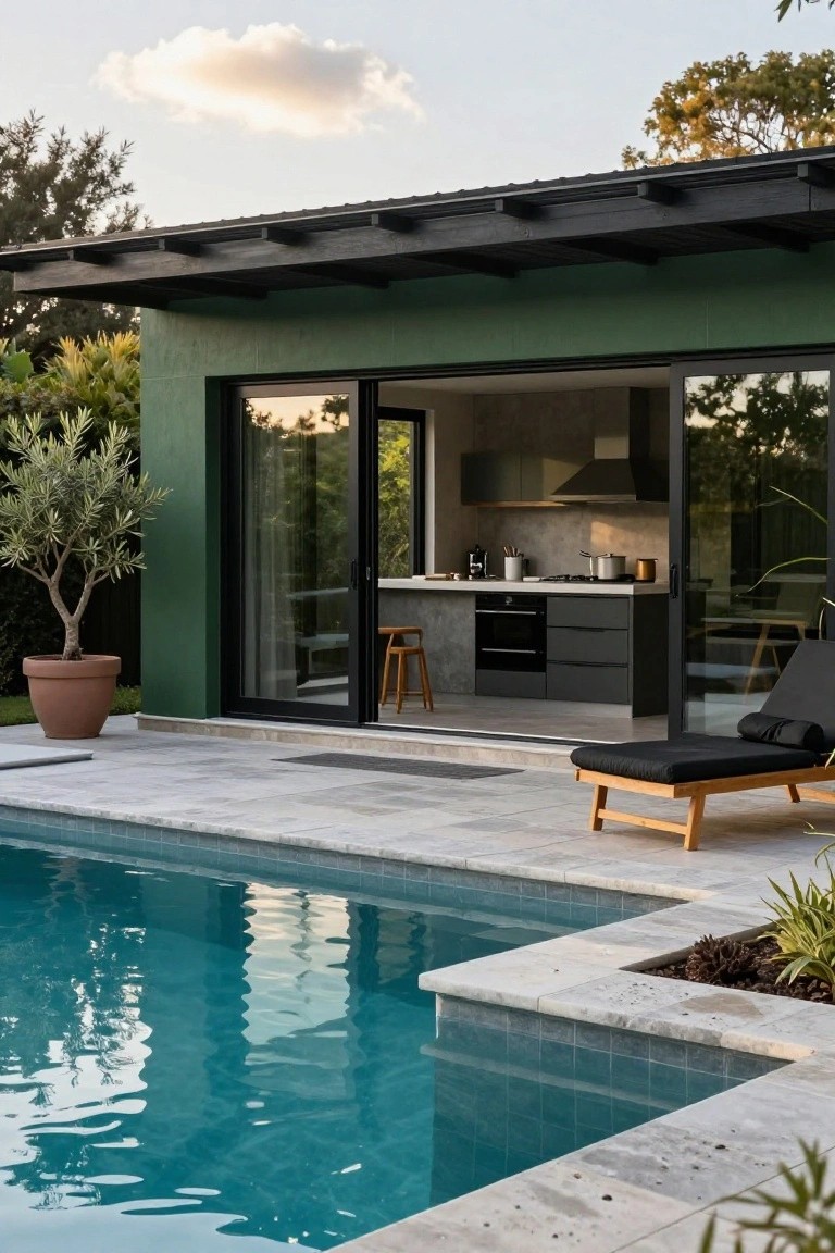 Dark green house with black trim and open sliding glass doors to a modern kitchen, adjacent tiled pool deck with wooden-frame black lounger chair and potted olive tree by the pool edge.