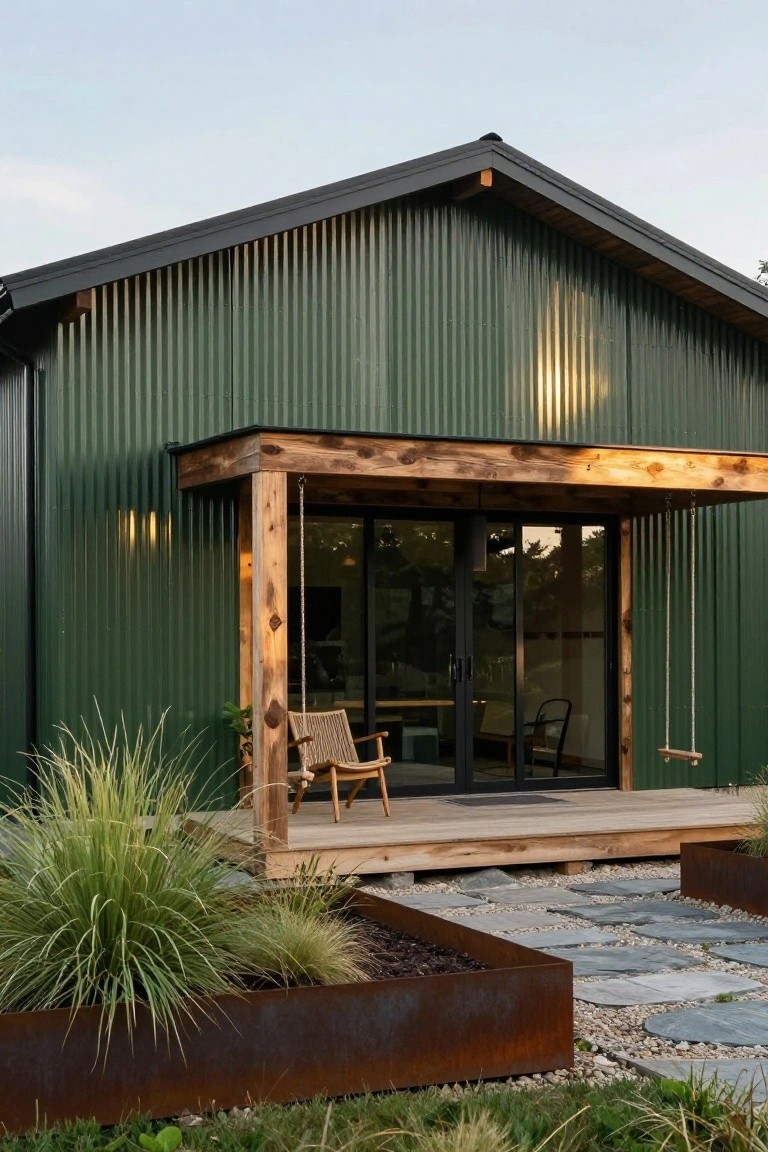 House exterior featuring dark green corrugated metal siding on a gabled structure, wooden porch with hanging swing and chairs, glass sliding doors, potted plants, ornamental grasses in metal-edged beds, and stone paver path.