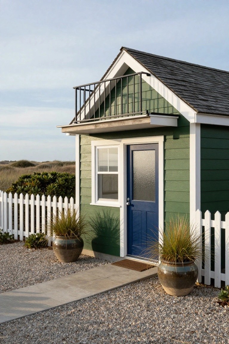 Small moss green clapboard shed with white trim, gabled roof, metal balcony above the entry, dark blue front door with frosted glass, potted grasses flanking the door on a gravel yard with stone path, white picket fence, and distant beach dunes.