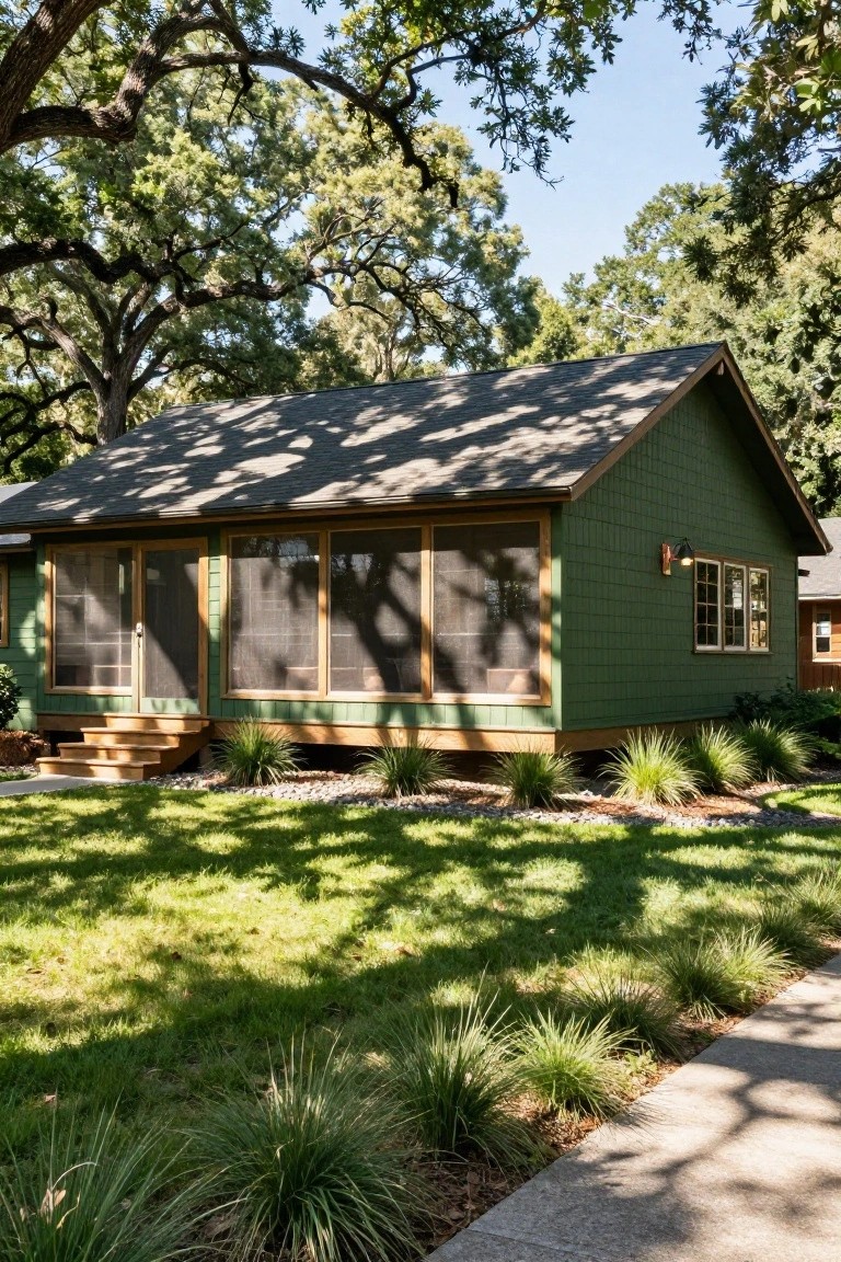 A small single-story house painted deep moss green with horizontal siding, a screened porch on the front, wooden steps leading up, surrounded by oak trees, green lawn, gravel, and ornamental grasses.