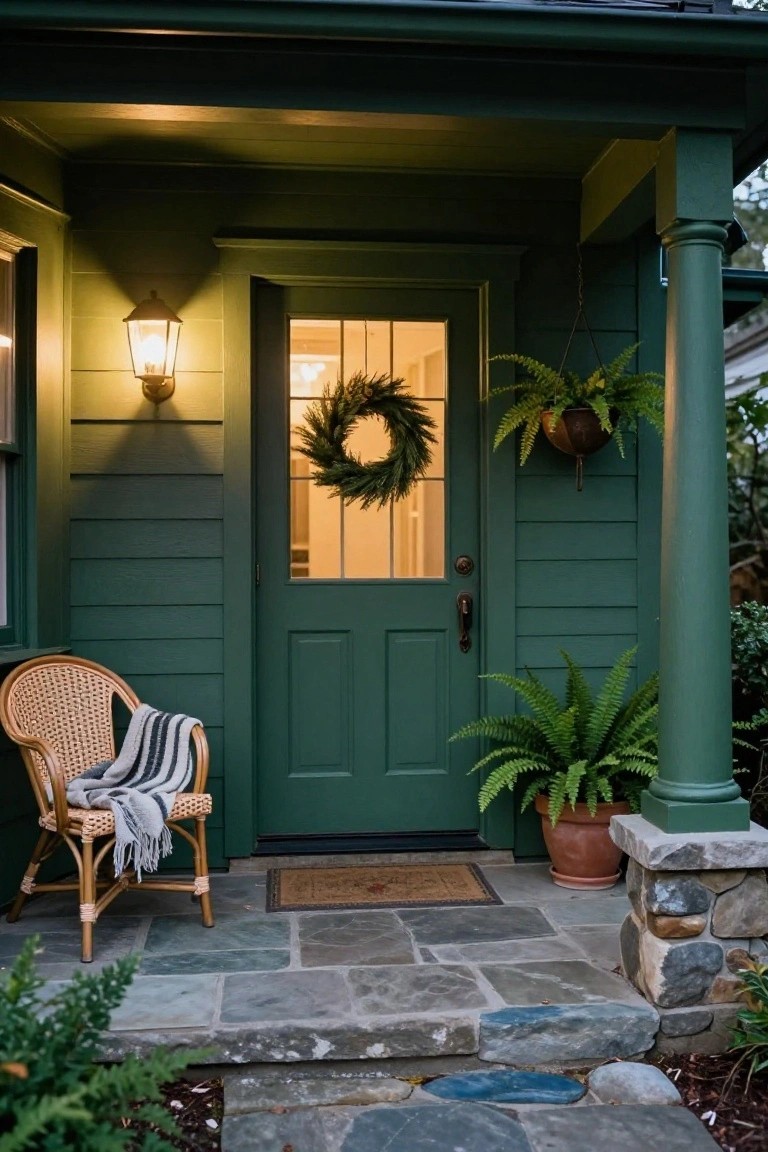 Cozy Moss Green Porch Entry
