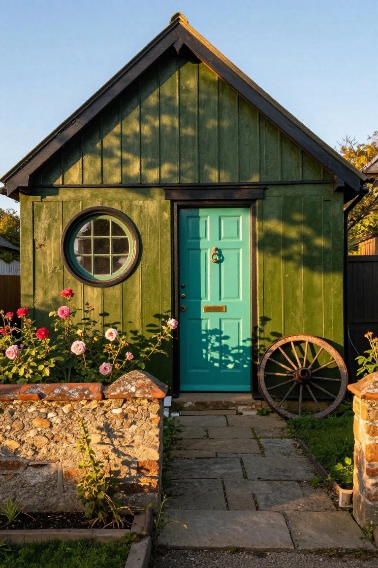 Small wooden garden shed with deep moss green vertical siding, black trim and roof edges, turquoise front door with brass knocker, round window, pink roses along a stone wall, wooden cartwheel nearby, and stone path leading up.